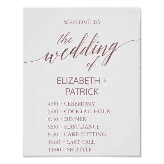 Elegant Rose Gold Calligraphy Order of Events Poster, ideas for wedding programs, wedding program poster ideas