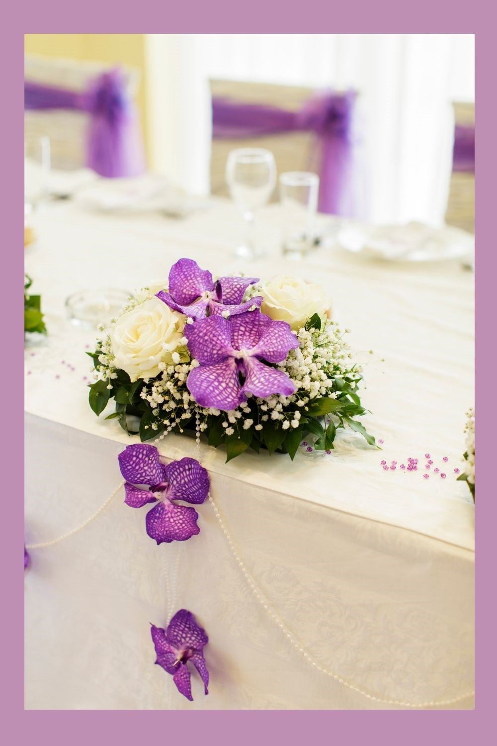 Inexpensive wedding ideas, budget wedding ideas, floral wedding decorations, Purple Floral Head Table Decorations