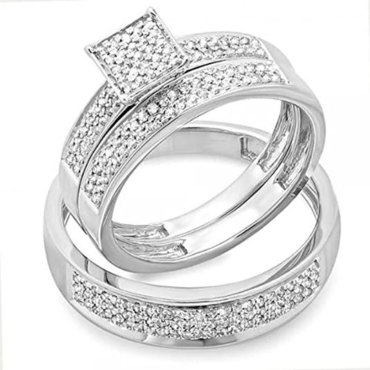 inexpensive wedding rings, affordable wedding rings, 0.55 Carat (ctw) Round White Diamond Men's & Women's Micro Pave Engagement Ring Trio Bridal Set