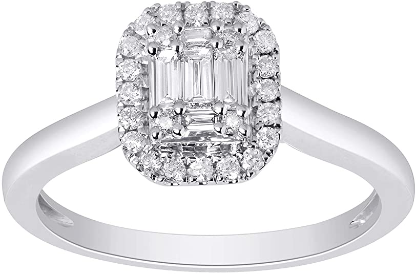 Inexpensive Wedding Rings, Affordable Wedding Rings, 10K White Gold 1/3 CTTW Baguette and Round Diamond Bridal Ring