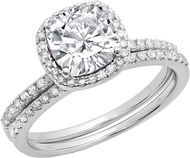 inexpensive wedding rings, affordable wedding rings, Cushion Lab Created White Sapphire & Round Natural White Diamond Bridal Halo Engagement Ring Set