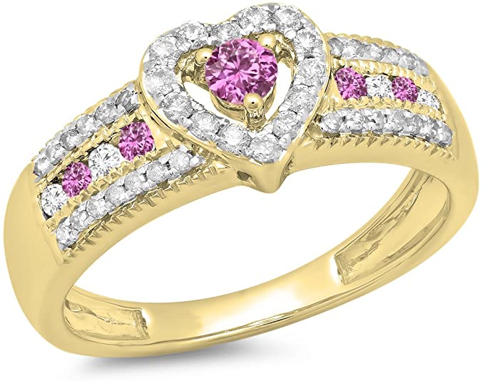 inexpensive wedding rings, affordable wedding rings, 14K Gold Round Cut Pink Sapphire & White Diamond Ladies Bridal Heart Shaped Wedding Ring, heart shaped wedding ring