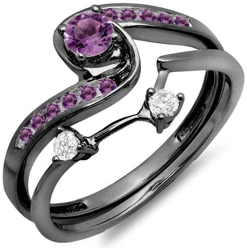inexpensive wedding rings, affordable wedding rings, Black Rhodium Plated 10K Round Diamond & Amethyst Ladies Swirl Bridal Engagement Ring Set, White Gold