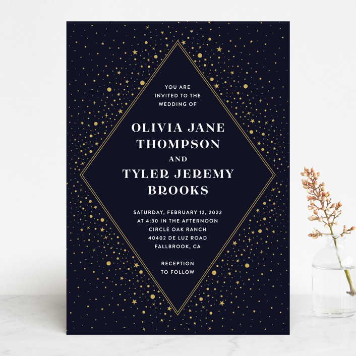 Informal Wedding Invitations, casual wedding invitations, blue and gold wedding invitations, Magical Navy Blue and Gold Midnight Sky Wedding Invitations