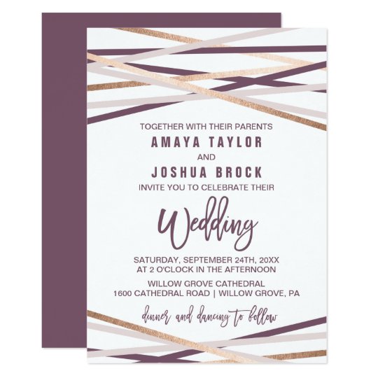 informal wedding invitations, casual wedding invitations, purple wedding invitations, Purple Blush and Rose Gold Streamers Wedding Invitation
