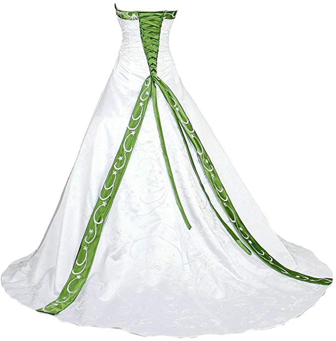 Irish Wedding Dresses, green and white wedding dresses, Women's Vintage Green and White Satin Embroidery Wedding Dress