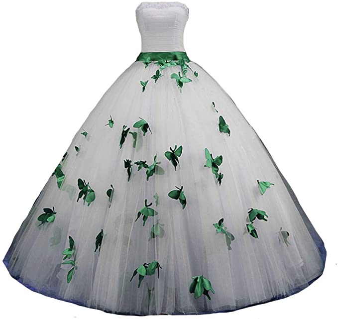 Irish Wedding Dresses, trapless Ball Gown Butterfly Flowers Wedding Dress, White and Green Wedding Dress