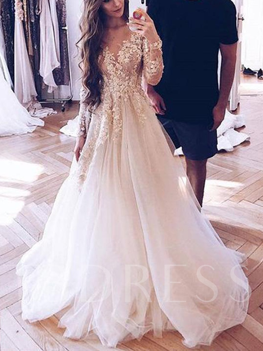 Irish Wedding Dresses, Long-Sleeved Wedding Gowns, Illusion Neck Appliques Long Sleeve Wedding Dress