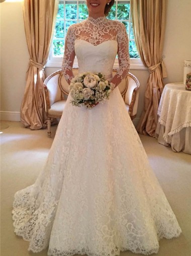 large size wedding dresses, plus sized wedding gowns, Stylish High Neck Long Sleeves Sweep Train Lace Wedding Dress with Bowknot Backless