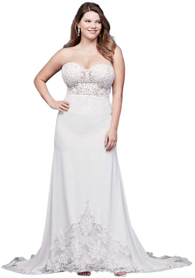 large size wedding dresses, plus sized wedding dresses, Sheer Beaded Bodice Lace Plus Size Wedding Dress