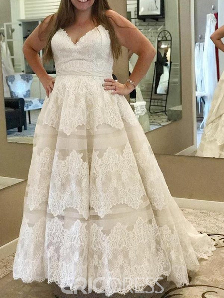 Large Size Wedding Dress, Plus Size Wedding Dress, Straps Bowknot Lace Plus Size Wedding Dress