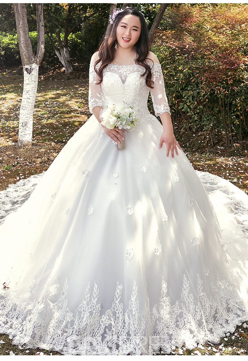 large size wedding dresses, plus sized wedding dresses, Off The Shoulder Ball Gown Half Sleeves Wedding Dress
