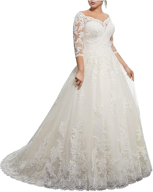 large size wedding dresses, plus sized wedding gowns, Women's Lace Wedding Dresses for Bride with 3/4 Sleeves Plus Size Bridal Gown
