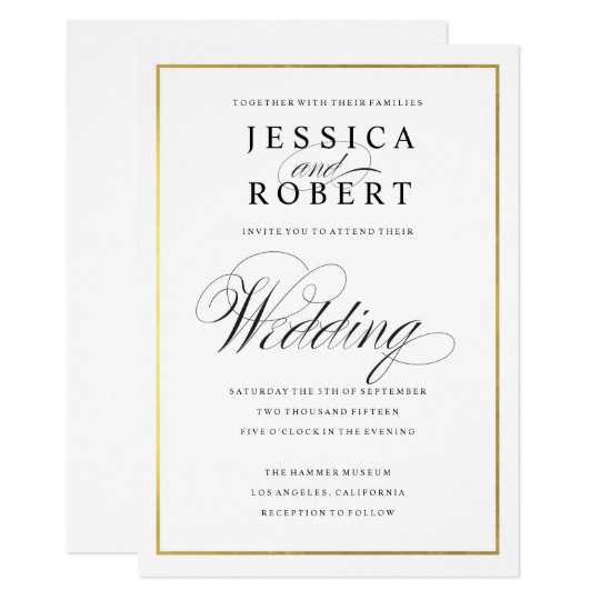 LDS Wedding Invitations, Traditional Wedding Invitations, White Wedding Invitations, Elegant Script Faux Gold Border Wedding Invitation