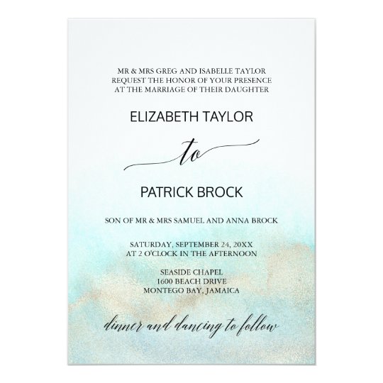LDS Wedding Invitations, Traditional Wedding Invitations, Simple Wedding Invitations, Aqua and Gold Watercolor Beach Formal Wedding Invitation