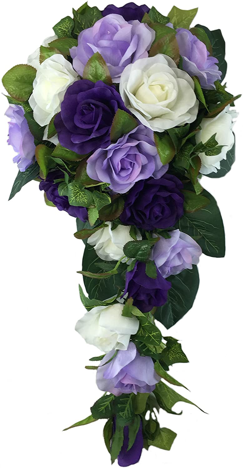 Purple, Lavender and Ivory Silk Rose Cascade - Bridal Wedding Bouquet