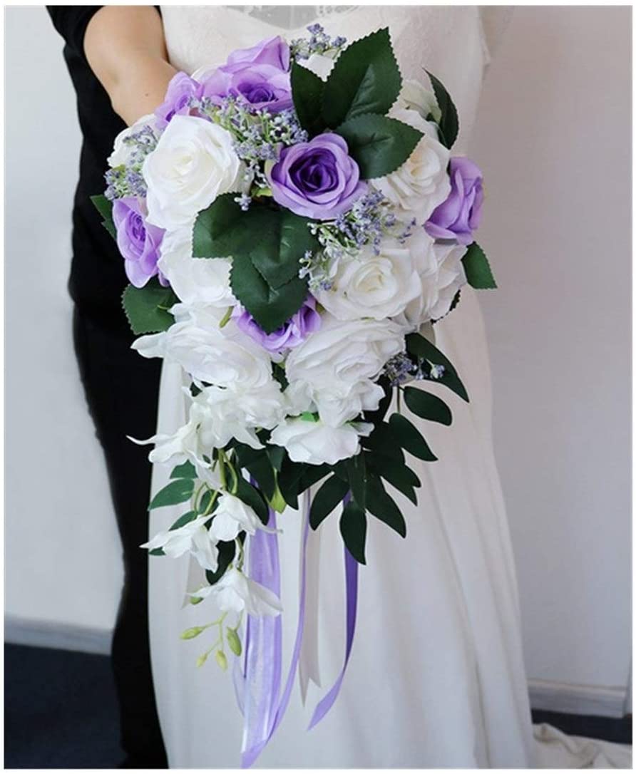 Artificial Waterfall Bridal Bouquet Ivory and Purple Silk Rose Wedding Bouquet