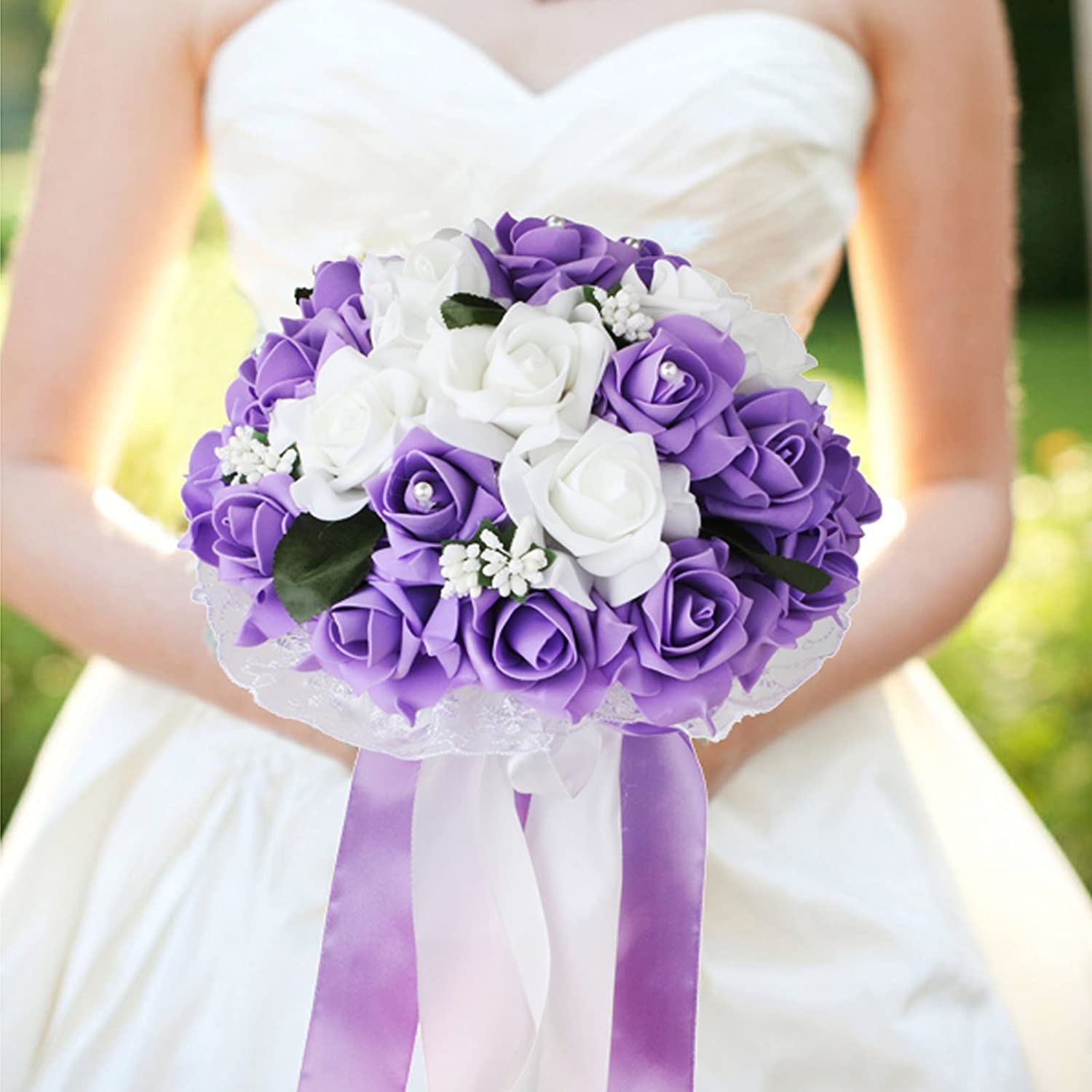 White & Lavender Artificial Foam Rose Wedding Bouquet