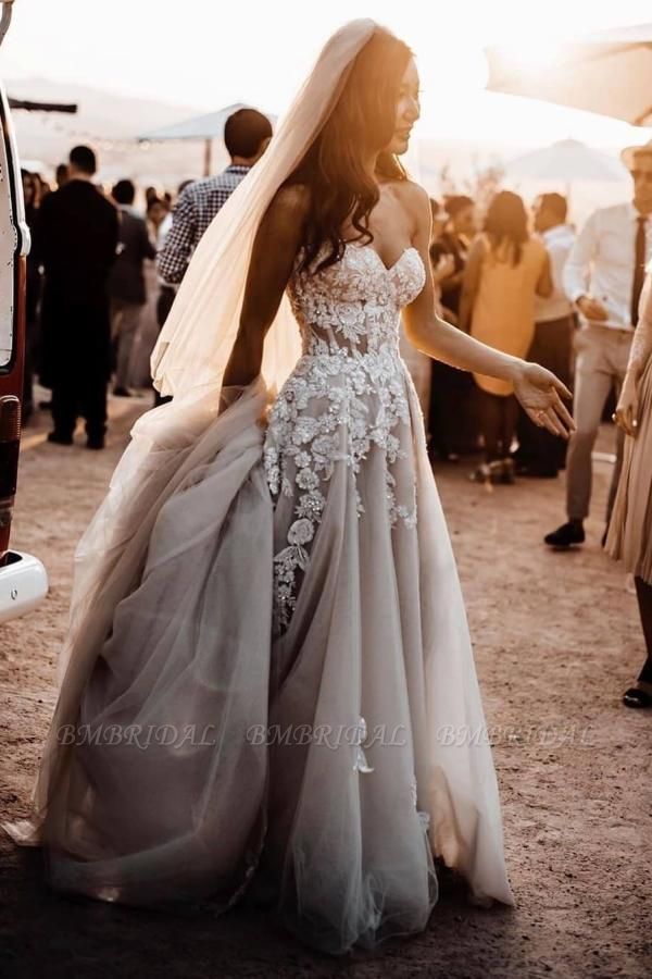 Long Champagne Sweetheart Wedding Dress With Lace Floral Appliques