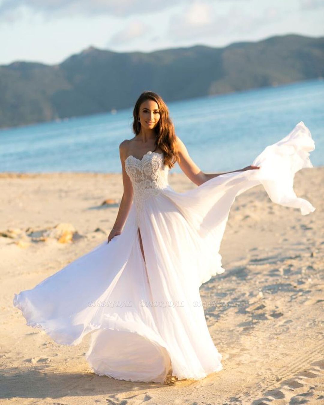 Long Chiffon Lace Beach Wedding Dress With Slit