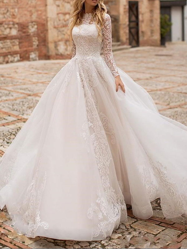 Long Sleeved A Line Illusion Neckline Wedding Gown with Chapel Train