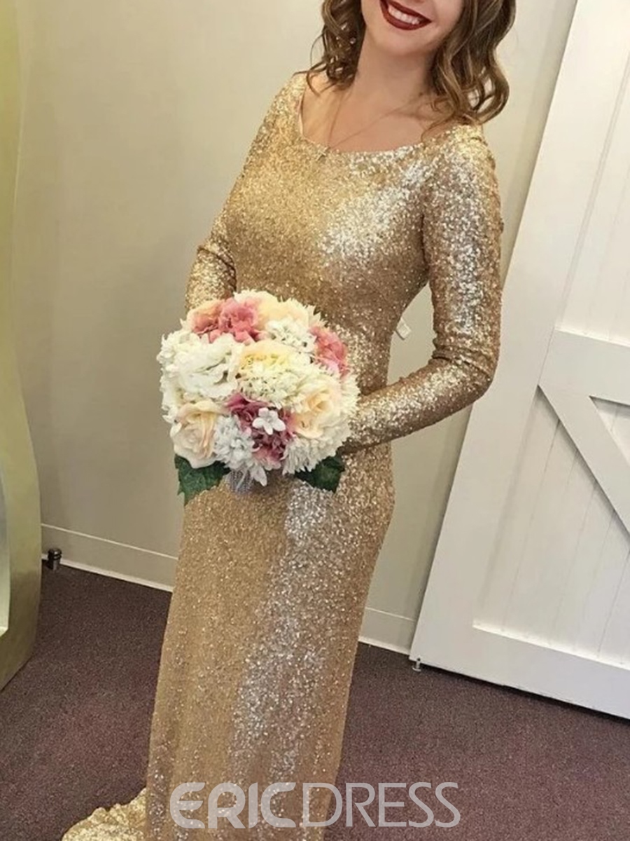 Long Sleeved Sequined Champagne Bridesmaid Dress