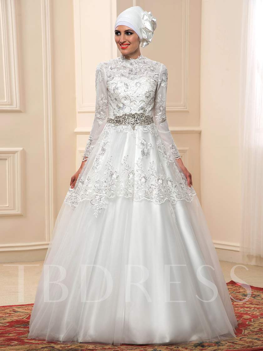 long sleeved wedding dresses, wedding gown with long sleeves, Long Sleeves Sequins Appliques Muslim Wedding Dress