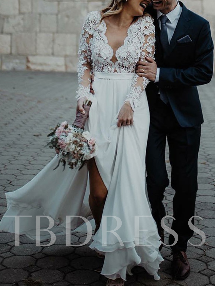 long sleeved wedding dresses, wedding gowns with long sleeves, Appliques Long Sleeves Beach Wedding Dress