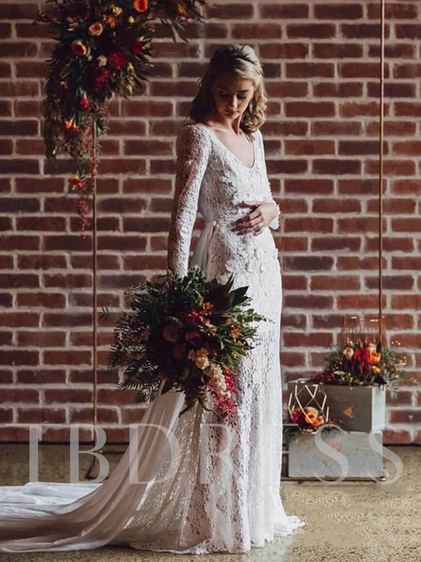 long sleeved wedding dresses, wedding gowns with long sleeves, Lace Appliques Floor-Length Watteau Sheath Column Hall Wedding Dress