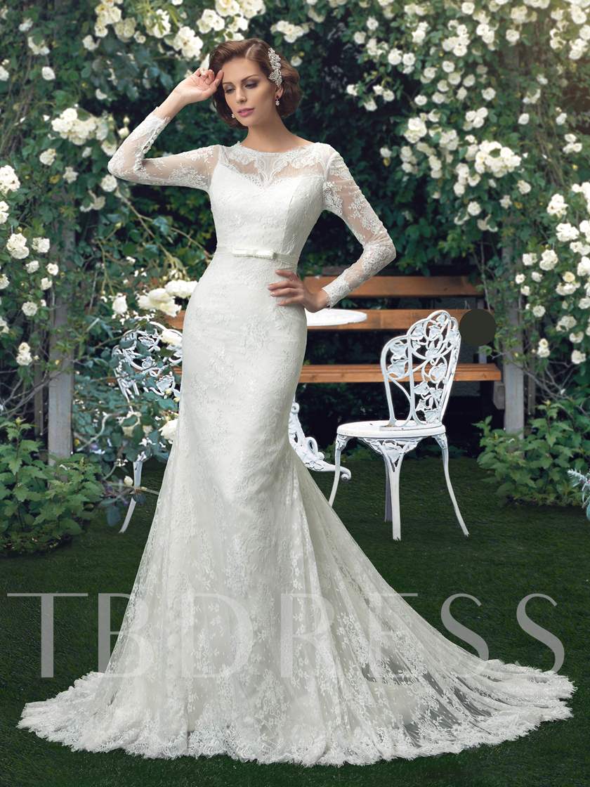 long sleeved wedding dresses, wedding gowns with long sleeves, Long Sleeves Bowknot Mermaid Lace Wedding Dress