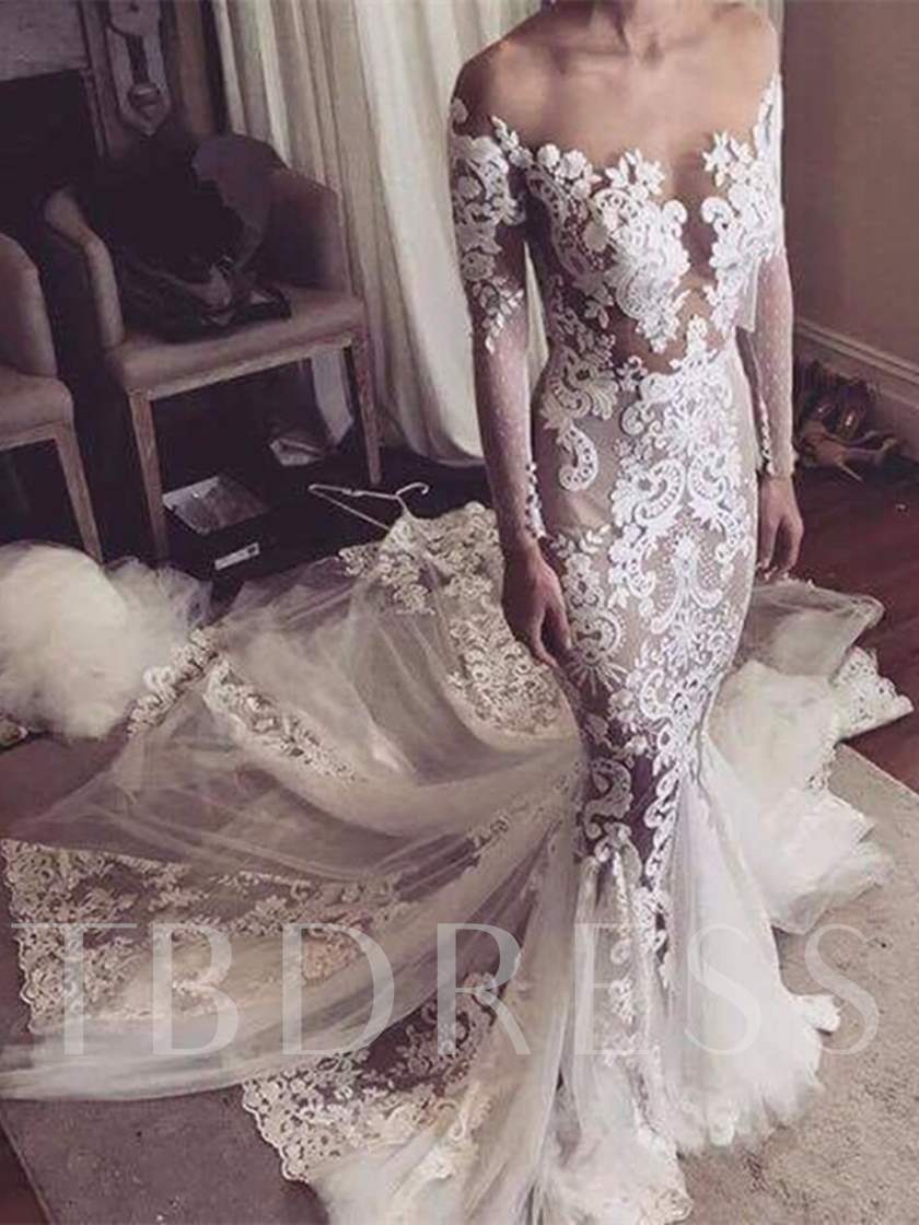 long sleeved wedding dresses, long sleeved wedding gowns, Illusion Neck Appliques Long Sleeves Mermaid Wedding Dress