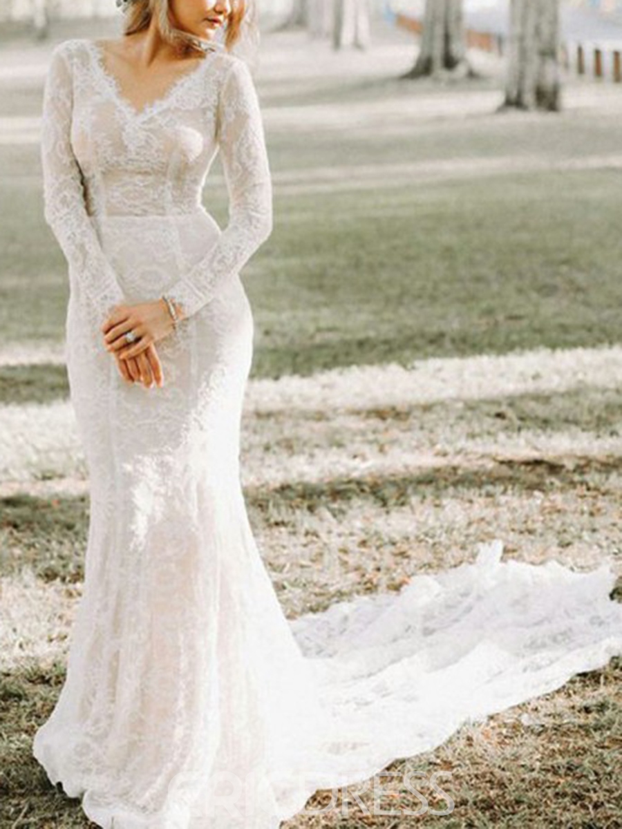 Long Sleeved Wedding Dresses, Wedding Dresses with Long Sleeves, V-Neck Long Sleeves Lace Wedding Dress
