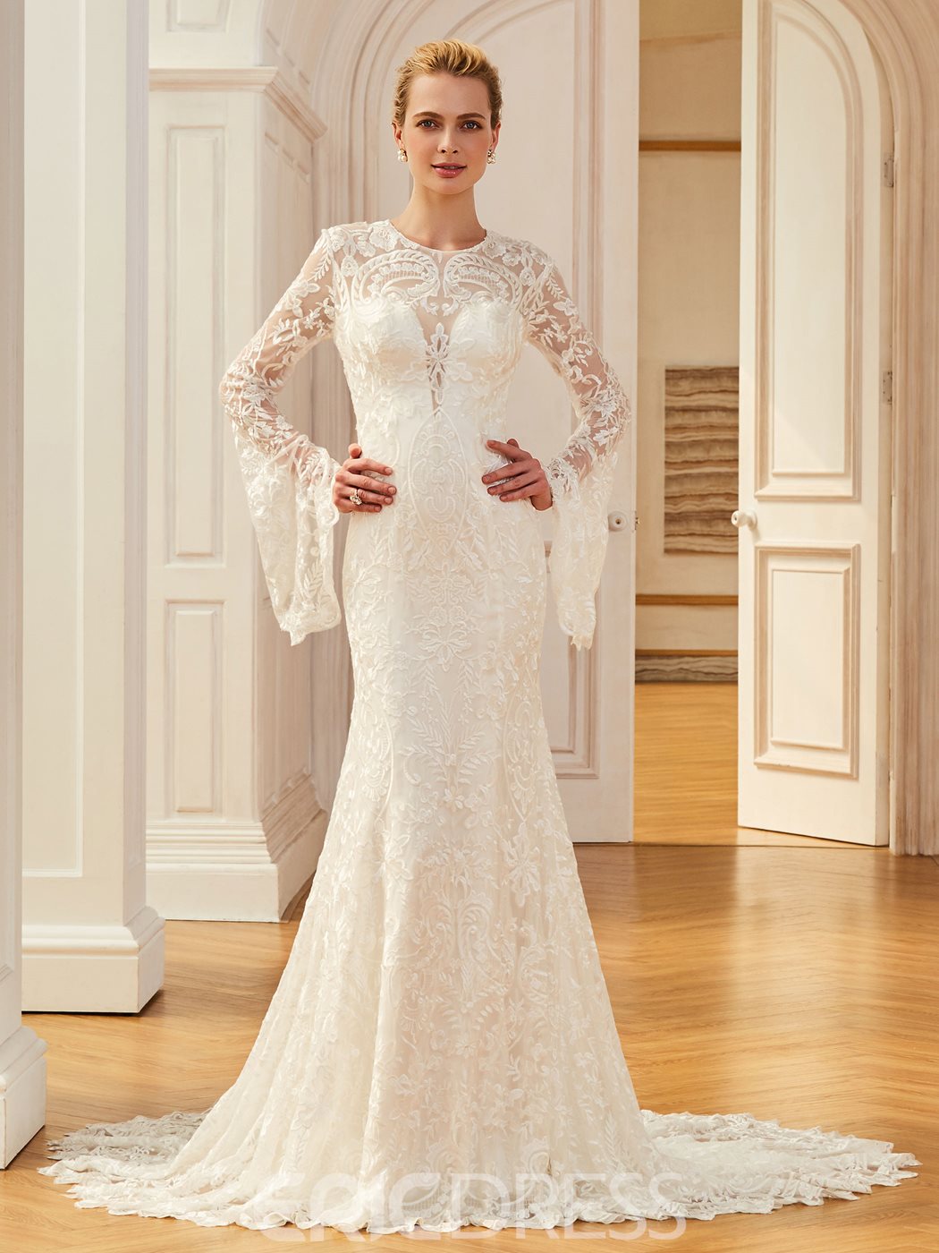 Long Sleeved Wedding Dresses, Wedding Gowns with Long Sleeves, Jewel Neck Mermaid Lace Long Sleeves Wedding Dress