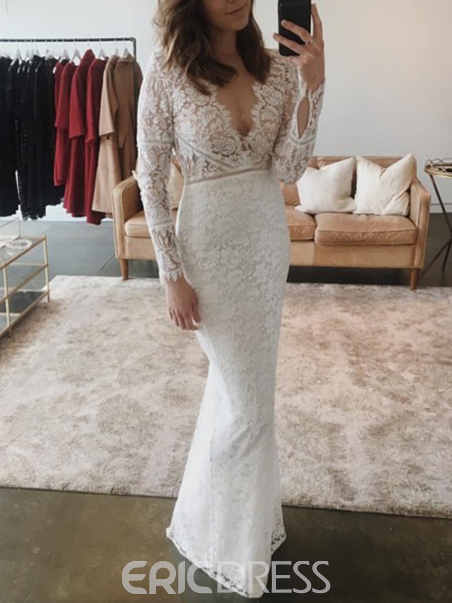 Long Sleeved Wedding Dresses, wedding gowns with long sleeves, Sheath V-Neck Lace Wedding Dress