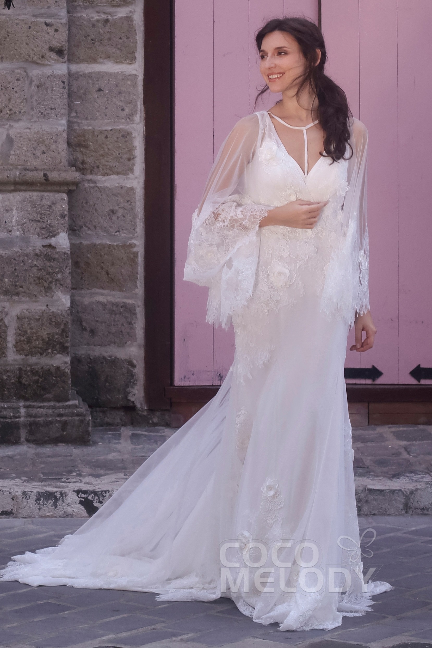 long sleeved wedding dresses, wedding gowns with long sleeves, Trumpet-Mermaid Court Train Tulle Wedding Dress