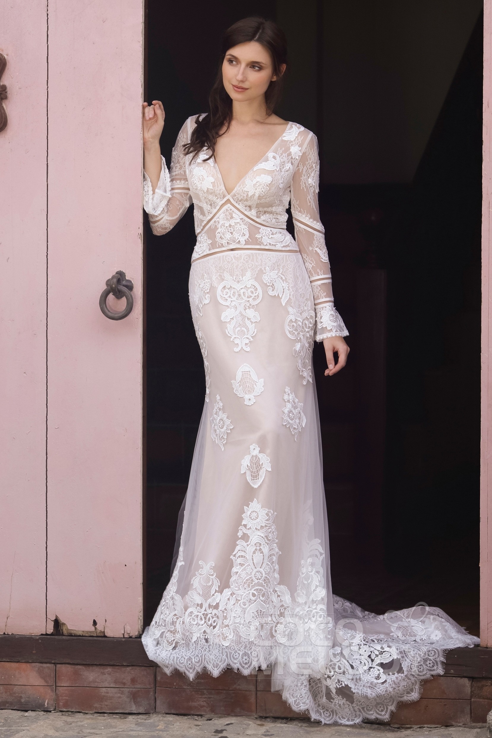 long sleeved wedding dresses, bridal gowns with long sleeves, Unique Trumpet-Mermaid Court Train Tulle Lace Wedding Dress
