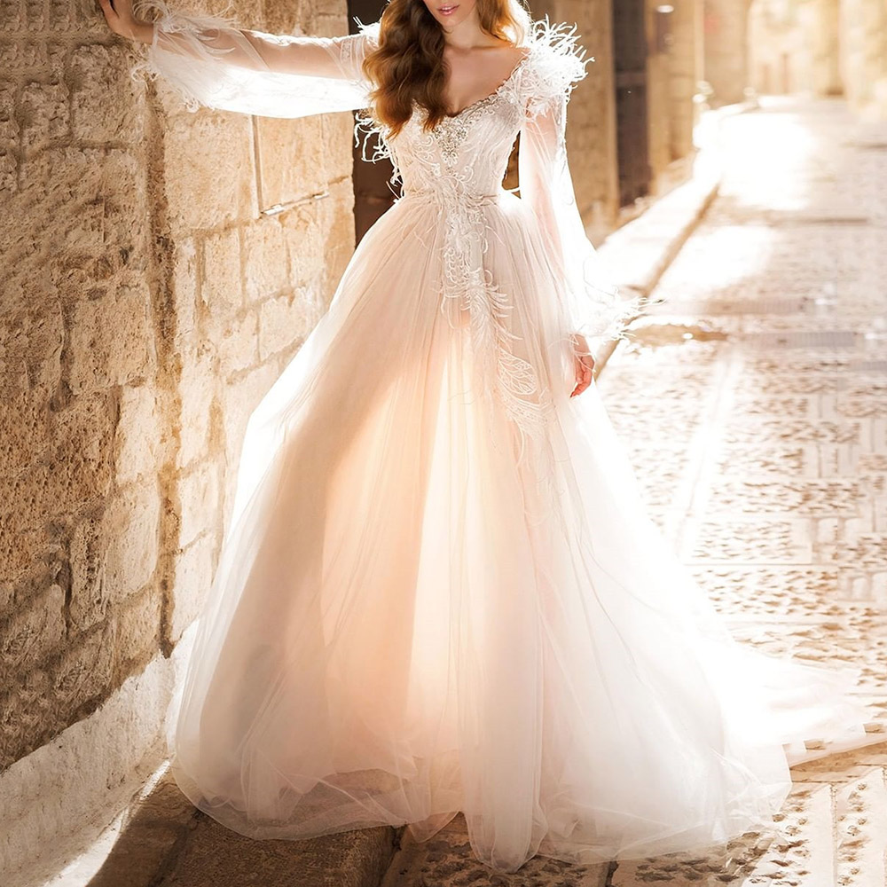 Long Sleeves Floor-Length A-Line Feather Garden/Outdoor Wedding Dress