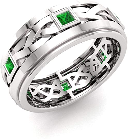 Men's Wedding Rings, Men's Wedding Bands, Natural and Certified Celtic Princess Cut Gemstone Wedding Band in 14k White Gold, Celtic Wedding Rings, Celtic Wedding Bands