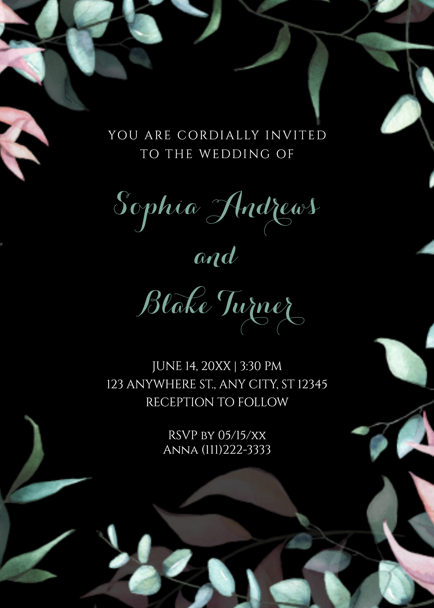 Modern Green and Pink Garden Leaves Wedding Invitation