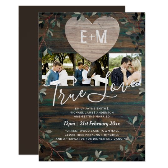 monogrammed wedding invitations, rustic wedding invitations, cute wedding invitations, Engraved Heart Rustic Initials Wood Photo Wedding Invitation