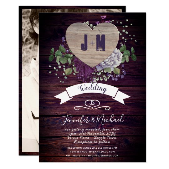 monogrammed wedding invitations, Rustic Purple Heart Wedding Invitation, purple wedding invitations