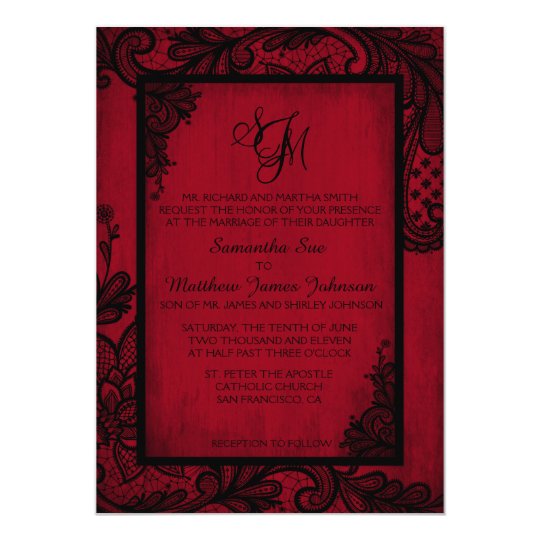 monogrammed wedding invitations, red and black wedding invitations, Gothic Wedding Invitations, Red Black Lace Gothic Wedding Invitation Card