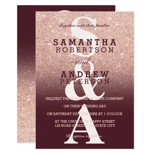 monogrammed wedding invitations, rose gold wedding invitations, pink wedding invitations, Rose gold glitter burgundy ombre monogram wedding invitation