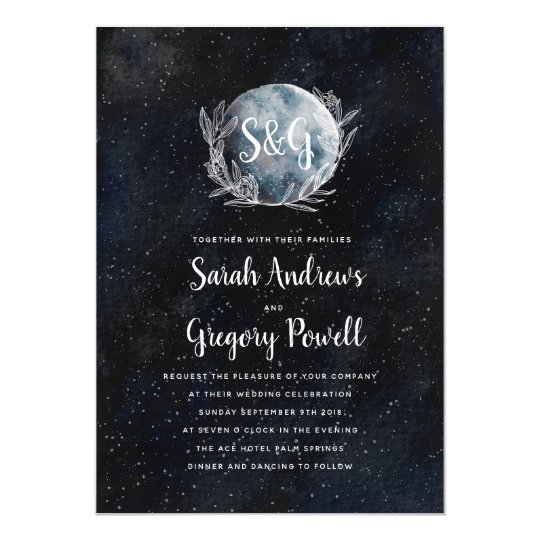 monogrammed wedding invitations, starry wedding invitations, romantic wedding invitations, Starry Moonlit Night Monogram Wedding Invitation