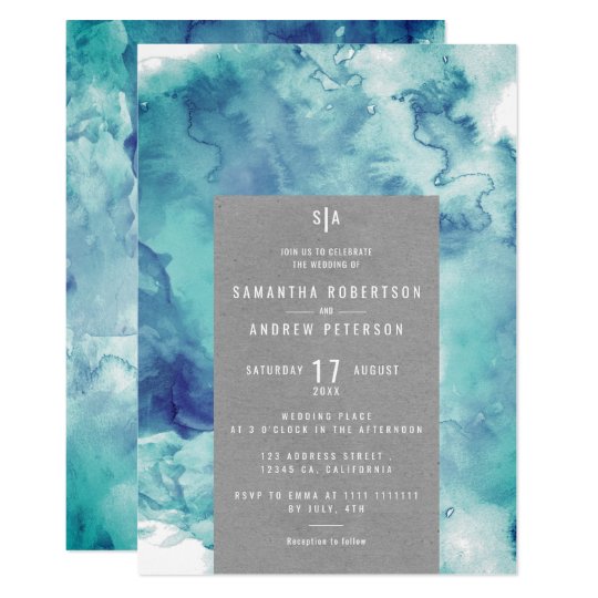 monogrammed wedding invitations, beach wedding invitations, blue wedding invitations, Vintage sea blue watercolor elegant kraft wedding invitation