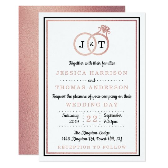 monogrammed wedding invitations, pink wedding invitations, Chic Faux Rose Gold Foil Monogram Wedding Rings Invitation