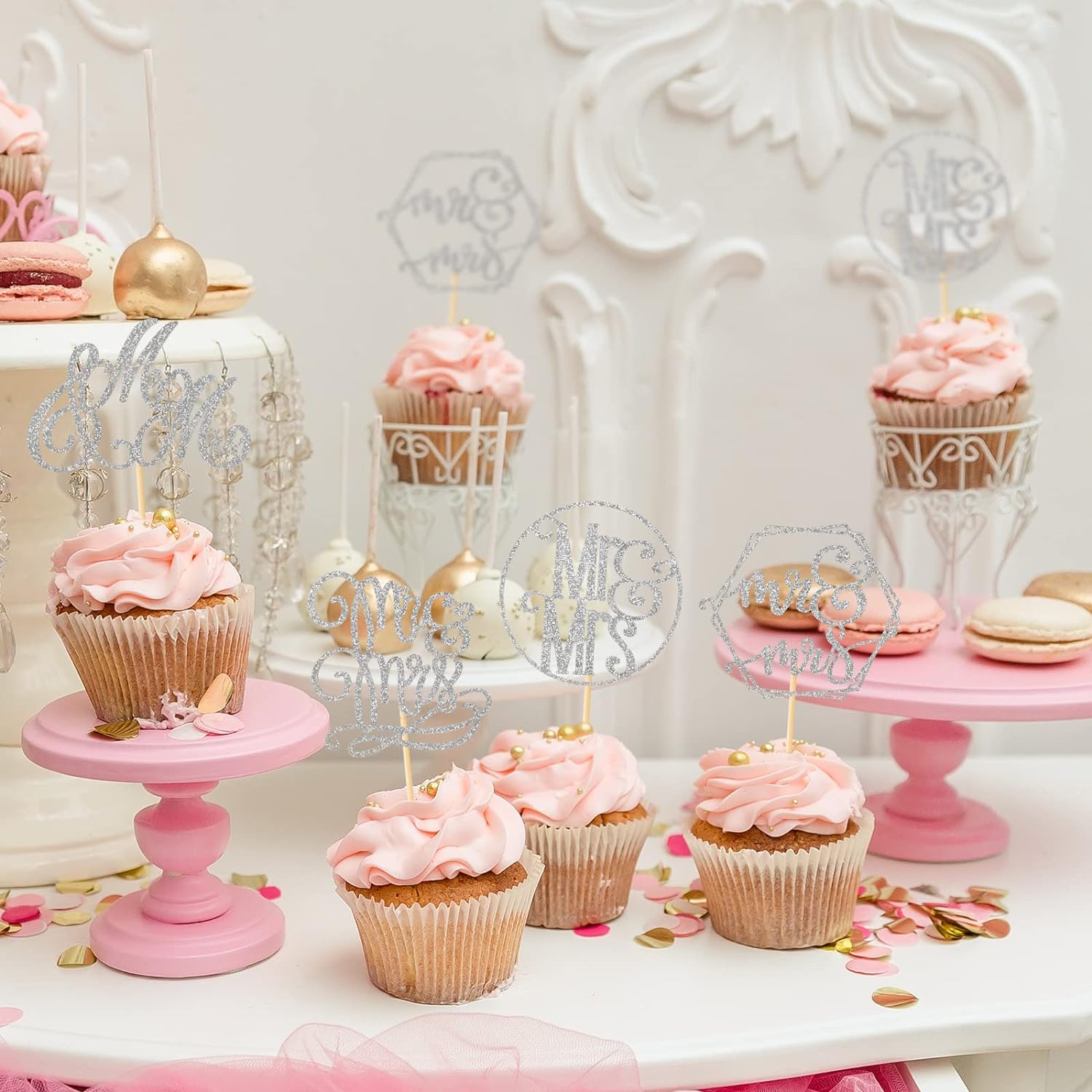 Mr. and Mrs. Cupcake Toppers Bridal Shower Cake Picks Decorations for Wedding