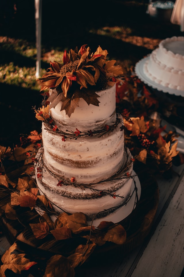 Naked Fall Wedding Cake With Brown Leaves
