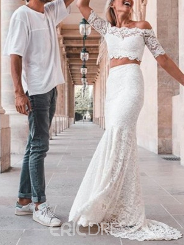 nontraditional unique wedding dresses, two piece wedding dress, Lace Trumpet/Mermaid Off-The-Shoulder Half Sleeves 2 Piece Garden/Outdoor Wedding Dress