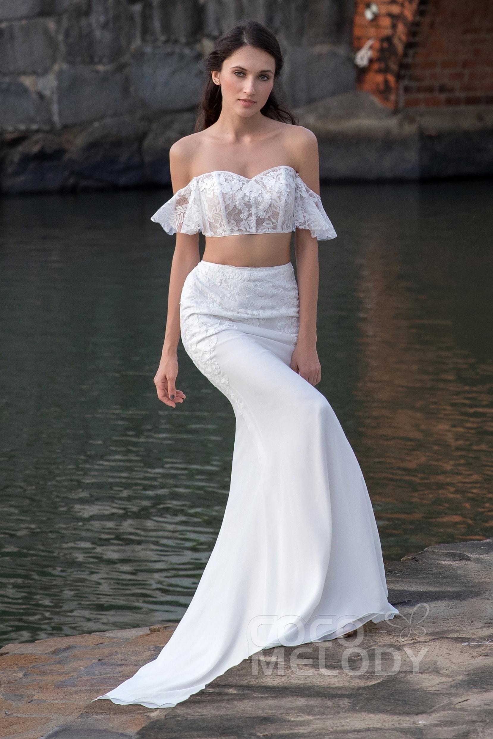 nontraditional unique wedding dresses, crop top wedding gowns, Crop Top Sweep-Brush Train Chiffon Wedding Dress